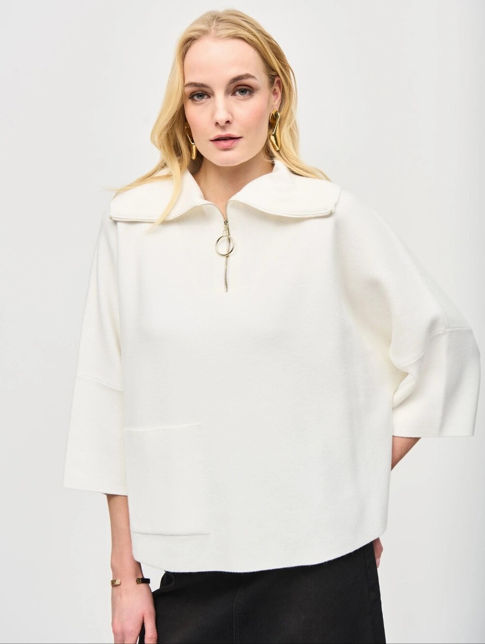 Joseph Ribkoff Jacquard Knit 1/2 Zip Mock Neck Collar Sweater Quiet Luxury S
